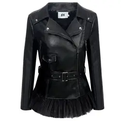 SX 2019 NEW Soft PU Faux leather Jacket Women Sashes Slim Lapel Lace zipping Beading Motocycle Coats