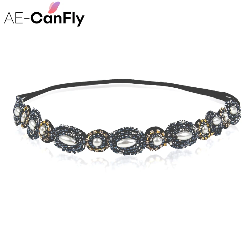 AE-CANFLY Vintage Black Queen Shiny Crystal Beads Elastic Headband Women Hair Accessorie 1H5004