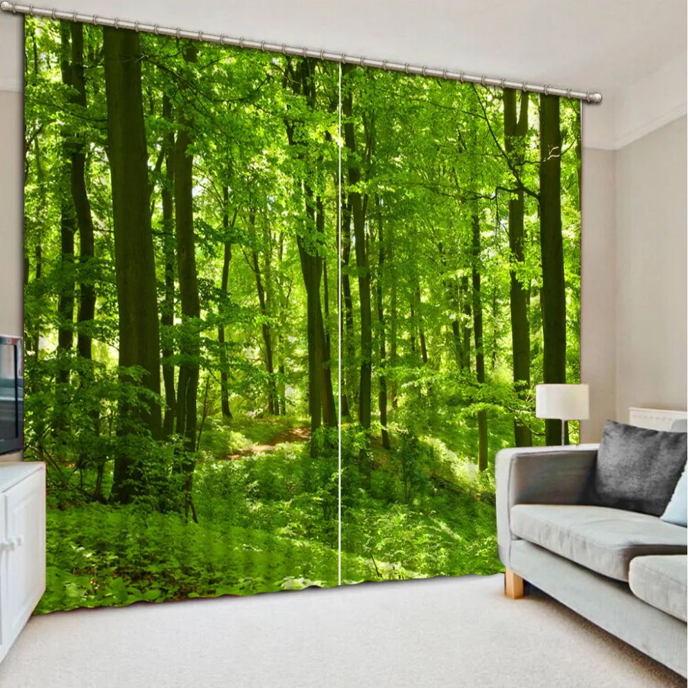 

Photo Customize size 2016 Fashion 3D Home Decor Beautiful green forest Curtains for living room