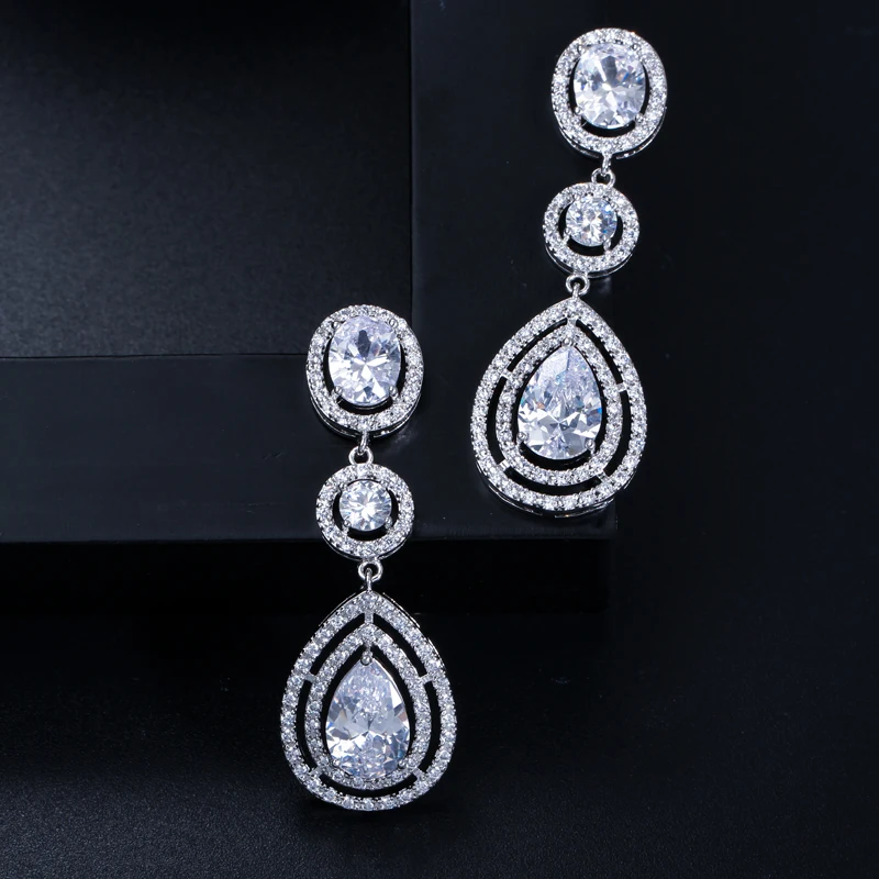 BeaQueen Femme Luxury Dark Blue Cubic Zirconia Water Drop Big Long Statement Earrings Wedding Costume Jewelry for Women E127