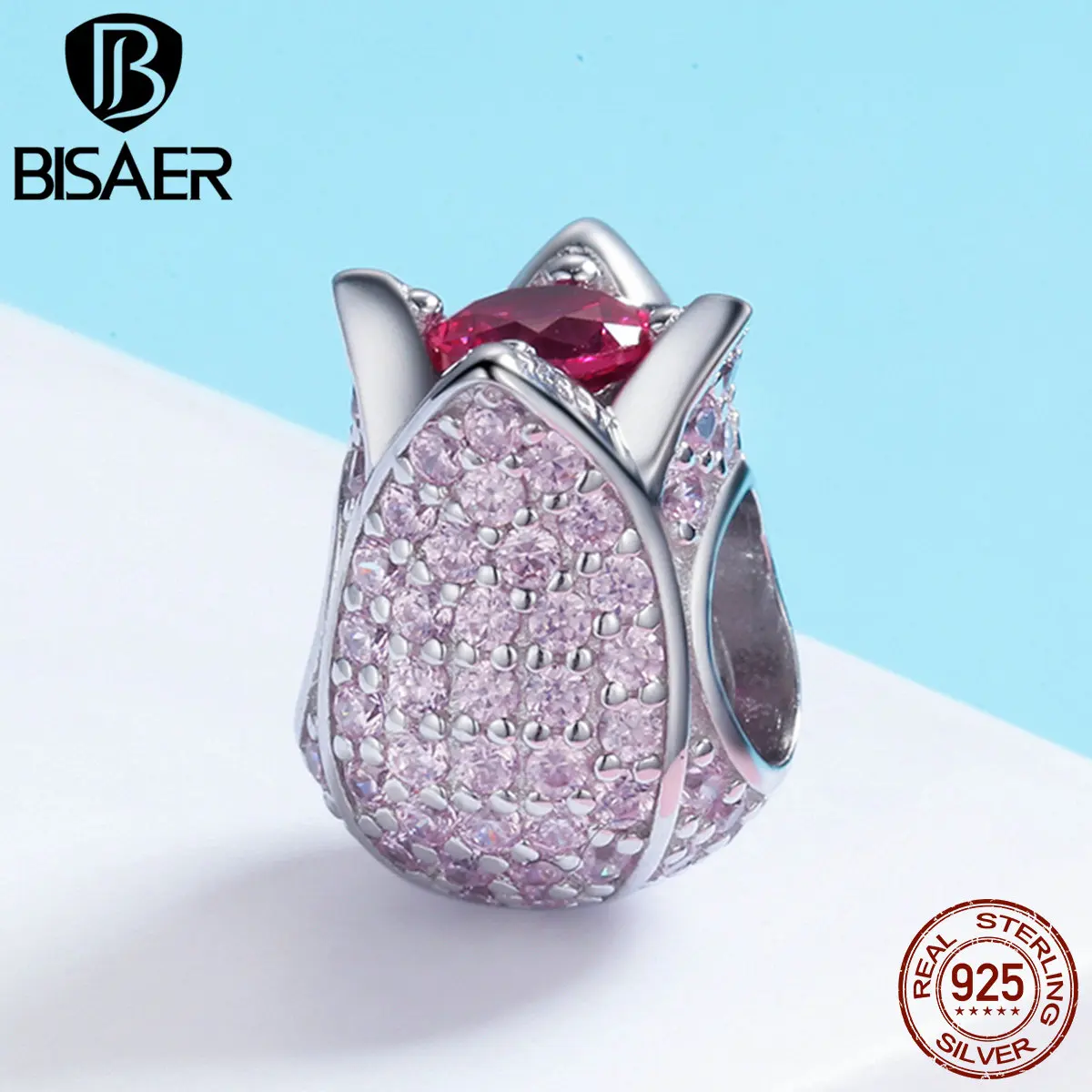 Genuine 100% 925 Sterling Silver Pink CZ, The Tulip Flower Petals Beads Fit Charms Silver 925 Original Bracelet Necklace