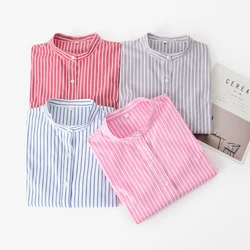 Women Blouses 2023 Spring New Simple Casual Blue Red Striped Long Sleeve Shirt Female Stand Collar Plus Size Blouse Tops Blusas