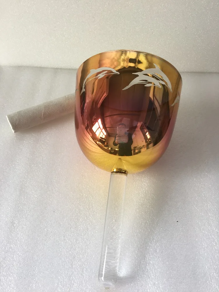 On sales F Heart charka or F# Thymus chakra note colored crystal singing handle bowl with dolphins carved