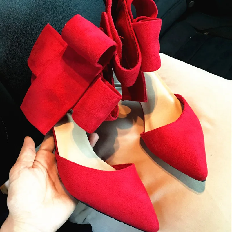 Luxury Brand Hot Red Suede Big Bowtie Dress Pumps Pointy Toe Shallow Cut Stiletto Heels Shoes Butterfly Knot Bridal Shoes