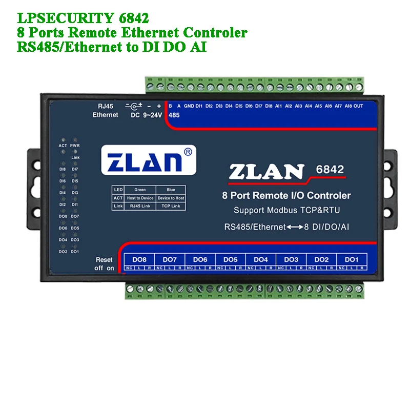 Remote IO Controler 8 Ports RS485/wifi/Ethernet to DI DA AI Modbus RTU Digital Input Output Analog 8 channel I/O module ZLAN6844