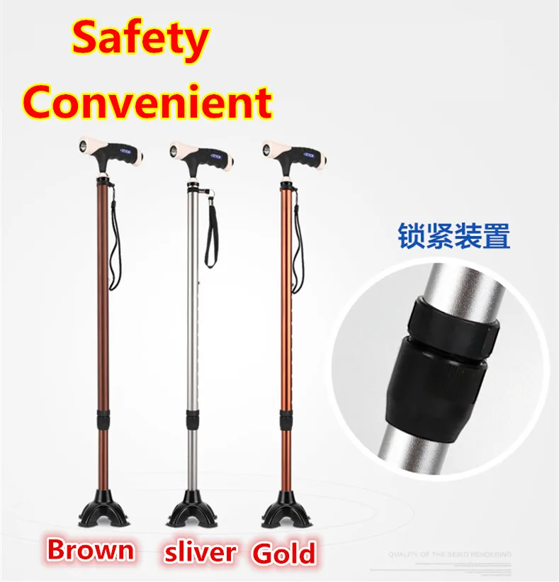 Elderly walking stick Antiskid  Foursquare flashlight portable crutch distable crutch