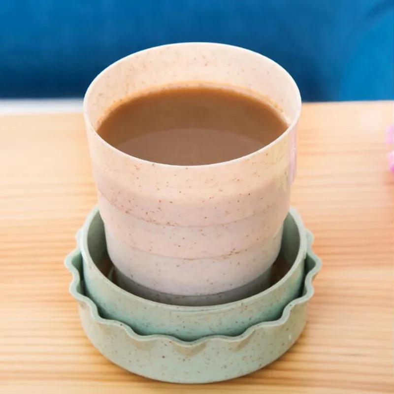 Outdoor Retractable Travel Coffee Cup Wheat Straw Made Telescopic Folding Teacups Portable Activities Folding Water Cups
