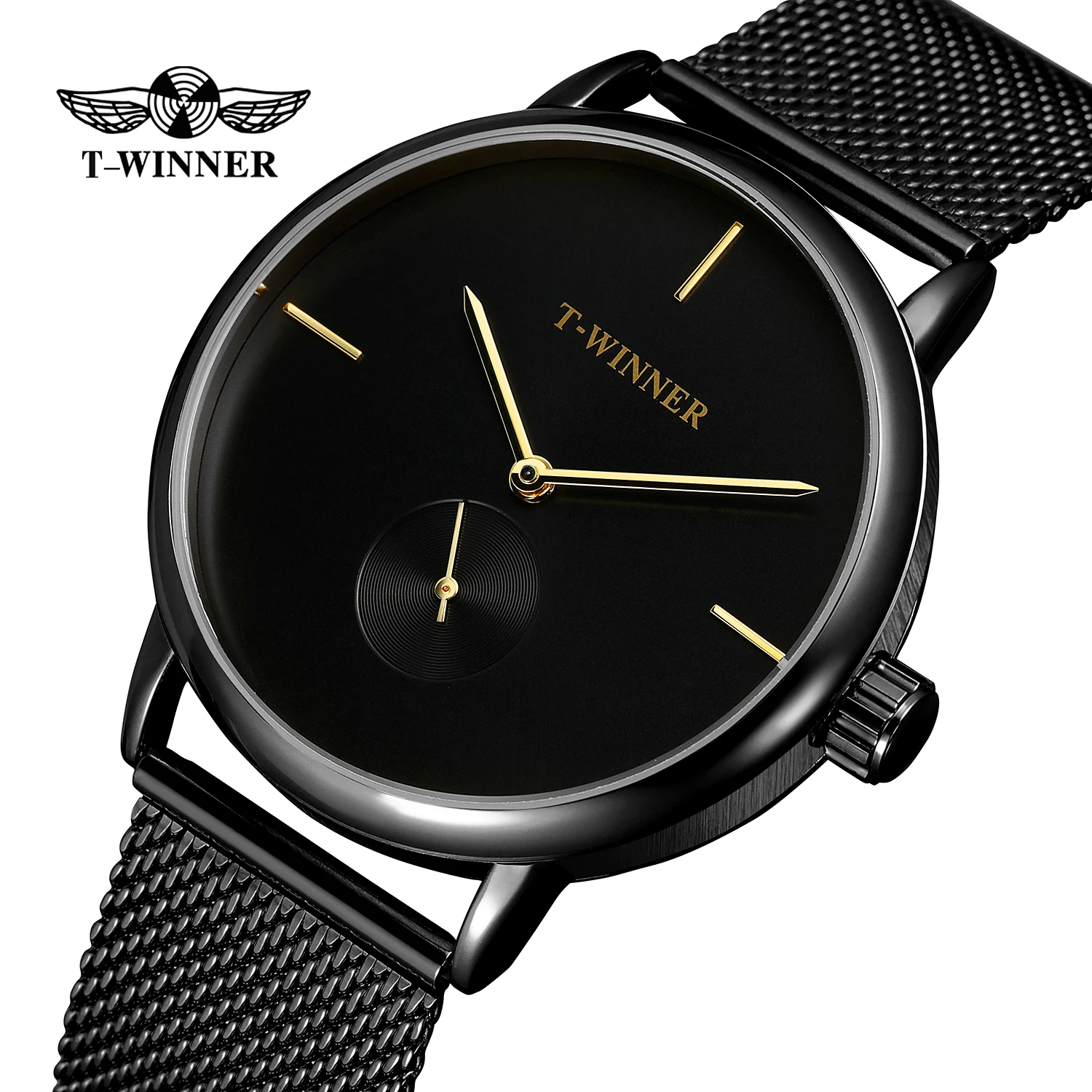 

Fashion T-winner Top Brand Men Mechanical Watches Full Stainless Steel Luxury Business Mens Black Case Dress Relogio Masculino