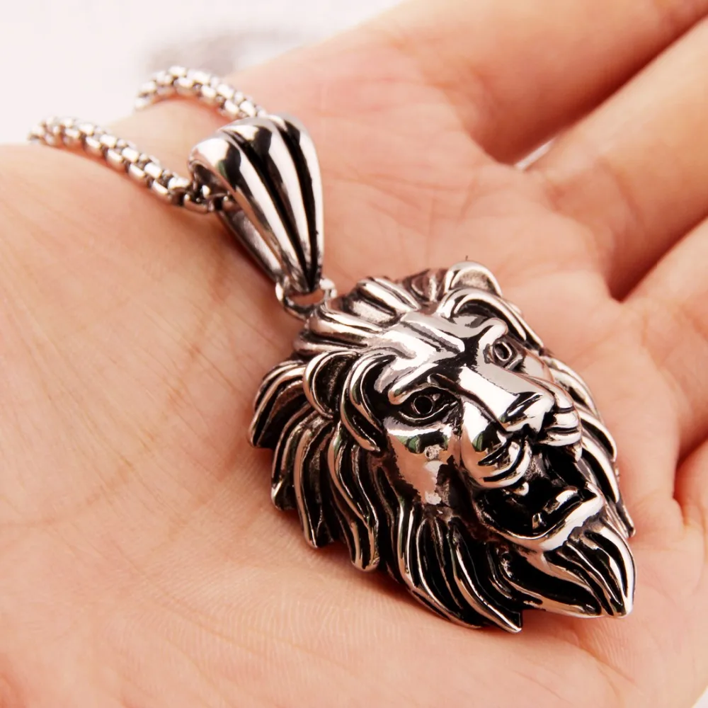 Cool Trendy Stainless Steel Silver Color Gold Color Black Tone Lion Head Pendant Necklace Mens Unisexs Box Chain24\