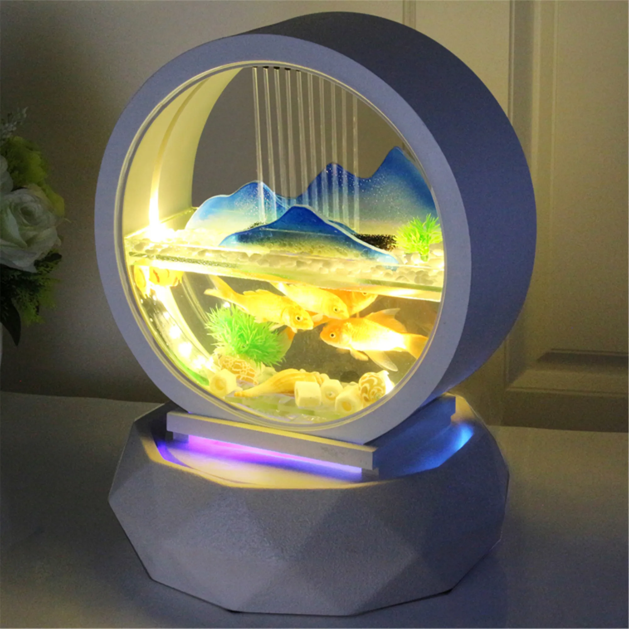 Desktop Water Fountain Small Fish Tank Creativity Table Top Round White Glass Aquarium Office Indoor Decoration Waterfall Kit image 6