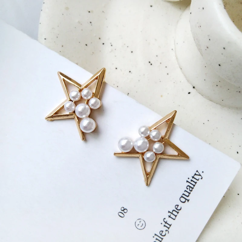 SRCOI Creative Geometric Star Earrings With Imitation Pearl Punk Stud Earring For Women Gold Color Temperament Jewelry Wholesale