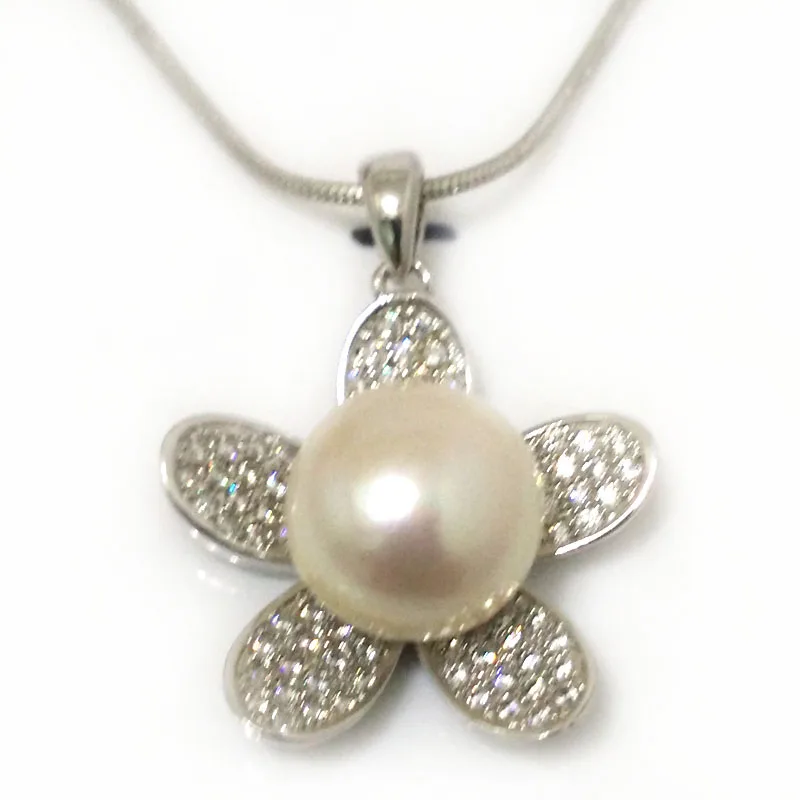 18 inches Multiple Zirconia Flower Style 12-13mm Black Natural Button Pearl Sterling Silver Pendent Necklace