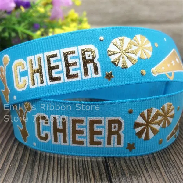 17 Skus to Select 7/8\'\' 22mm Gold CHEER Hot Stamped Grosgrain Ribbon Printed Ribbon Clothing Diy Bow Gift Wrap Ribbon 10 yards