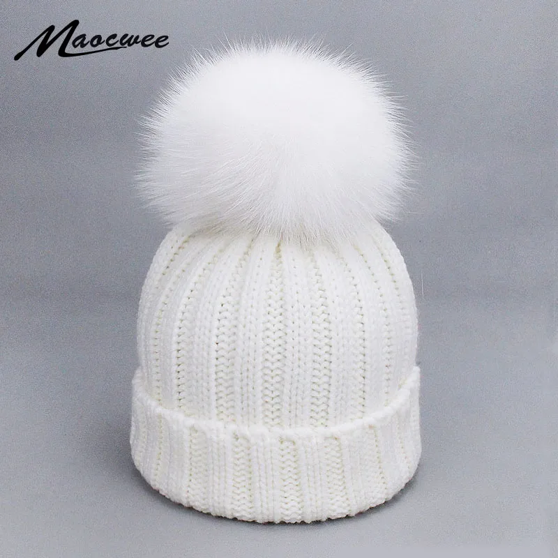 

Children Adult Natural Fox Raccoon Fur Pom Poms Hat Female Elegant Knitted Winter Brand Women's Warm Ski Hats Skullies Beanies