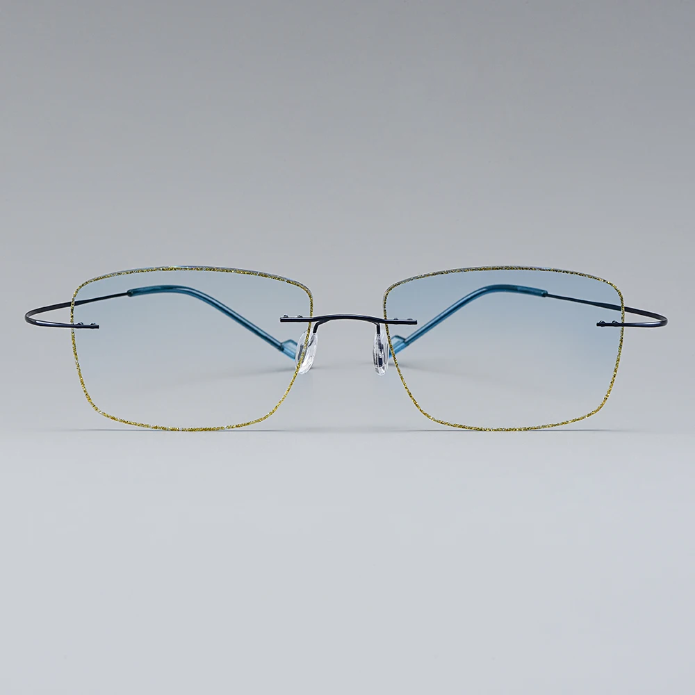 Gmei Optical Blue Titanium Alloy Men's Rimless Glasses Frame With Gradient Blue Tint Plano Lenses And Golden Border T80894