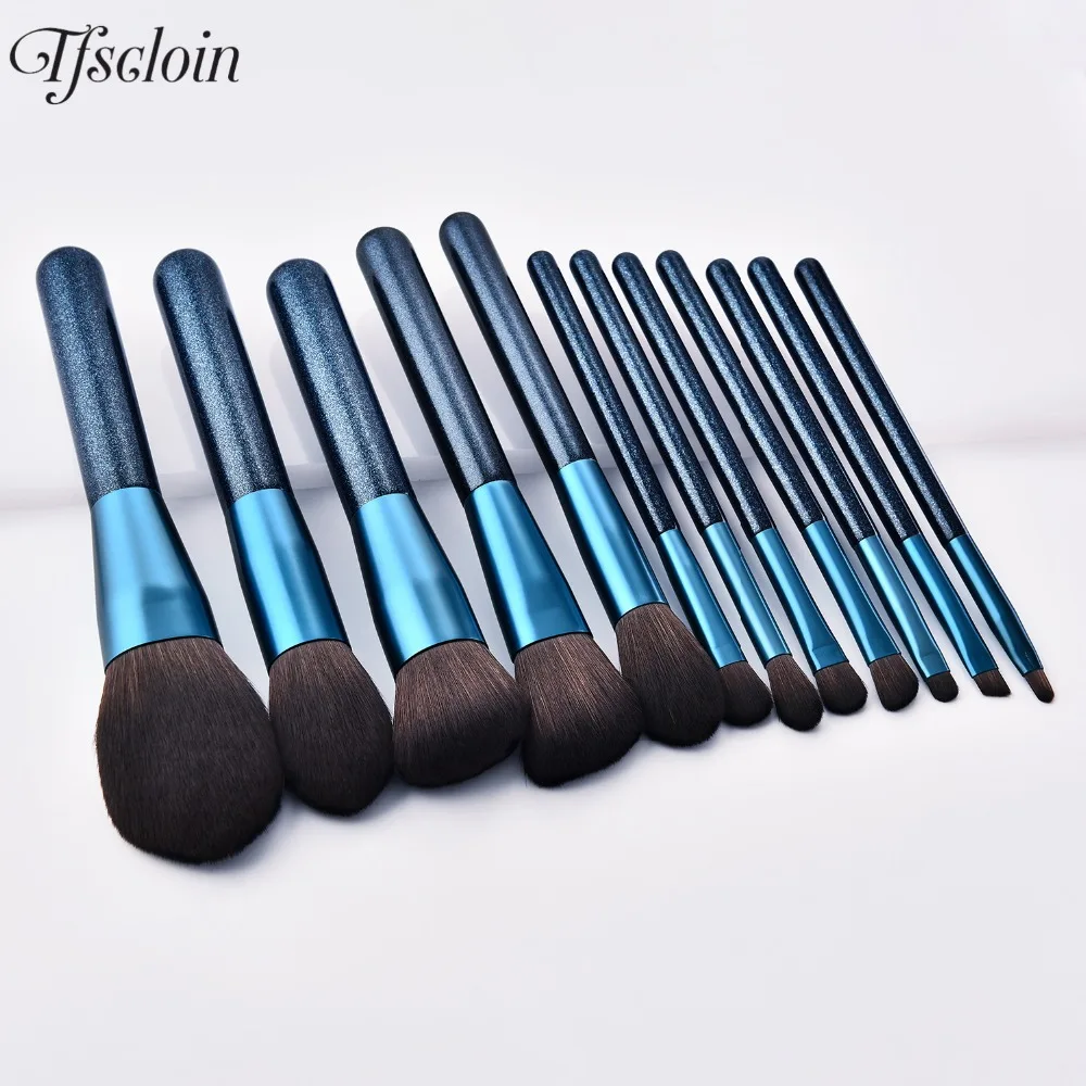 

Brushes Set 12pcs Soft Natural Hair Makeup Brushes Women Facial Loose Powder Foundation Eyeshadow Brushes Wood Handle Blue