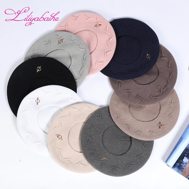 Liliyabaihe New women winter hat Wool knit berets, caps latest popular decoration solid colors fashion lady hat