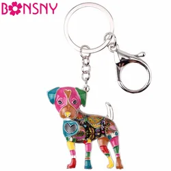 Bonsny-ラッセル犬の形をしたエナメルキーリング,ポンポン付きキーホルダー,女性用ギフト,バッグペンダント,チャーム,アニマルジュエリー2017