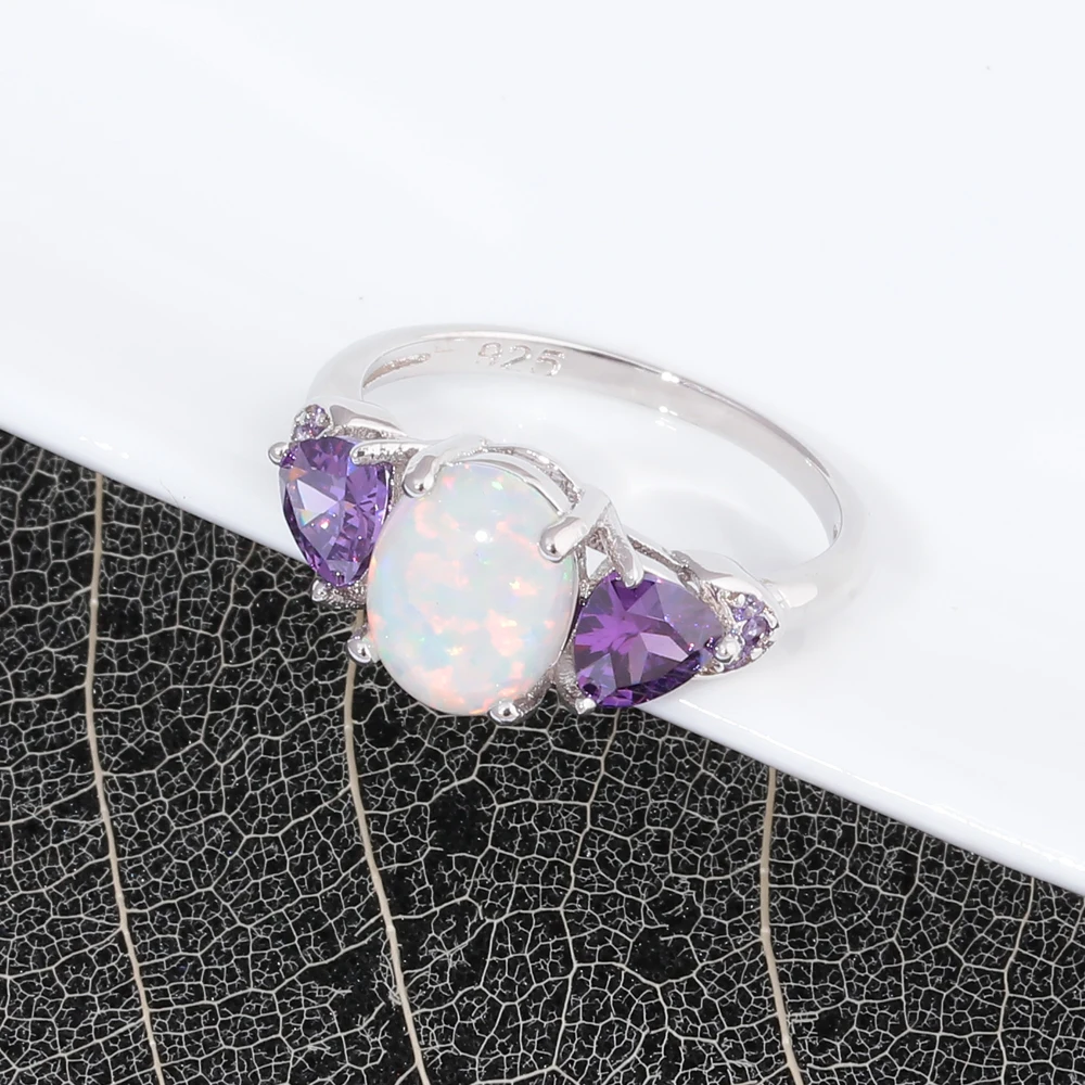 CiNily Created White Fire Opal Rings with Purple Zircon Silver Color Rings for Women Party Trendy Fashion Jewelry Gifts Size5-10