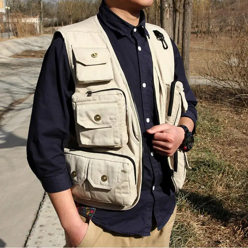 Multi Pocket Waistcoat Beige Color Photographer Director Reporter Outdoor Worker Advertising Fishing Men's Canvas Vest Free Ship