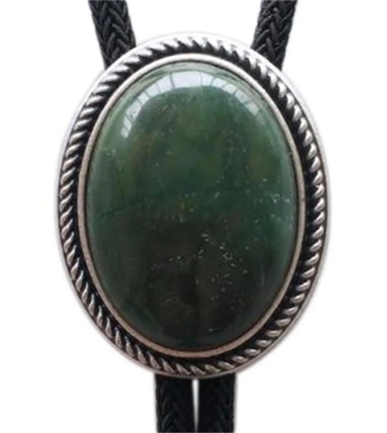 Vintage Silver Plated Handcraft Nature ZA Greenstone Wedding Oval Bolo Tie Necklace Neck Tie