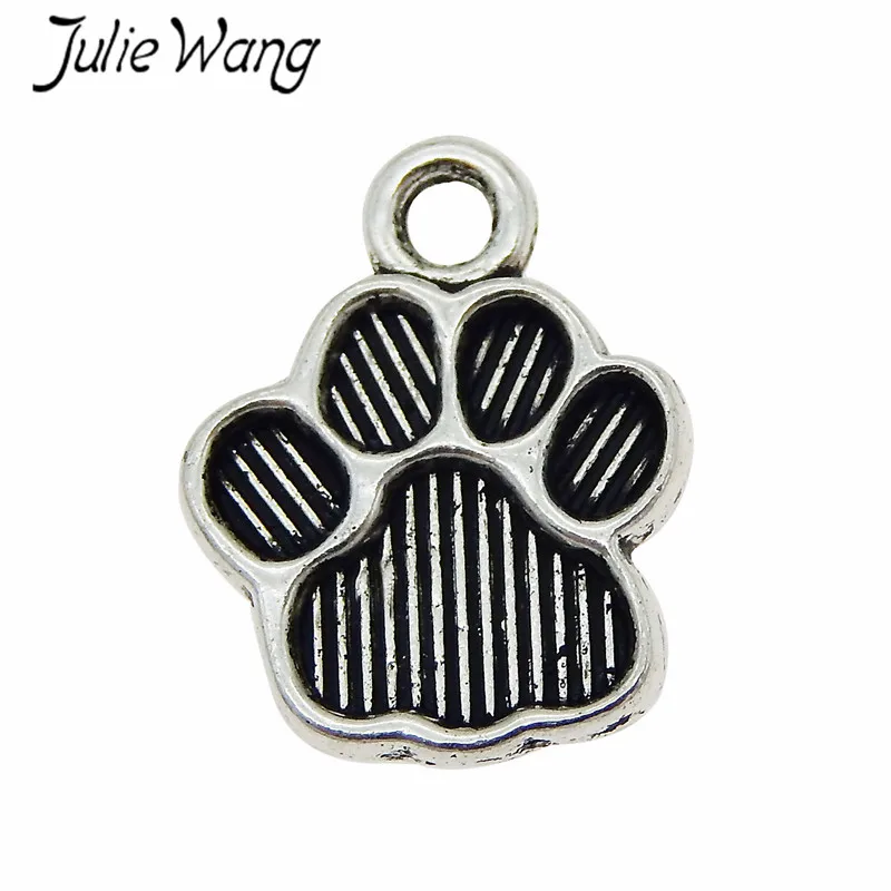 Julie Wang 50pcs Paw Charms Zinc Alloy Dog Cat Footprints Antique Silver Color Pendant Pet Animal Jewelry Making Accessory