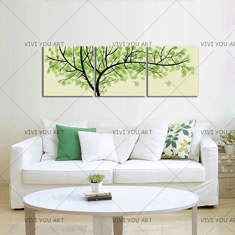 Modern Home Decor Wall Art 3 Panel Pictures Hand Painted Abstract Acrylic Paintings Sets Handmade Green Tree Canvas Oil Painting