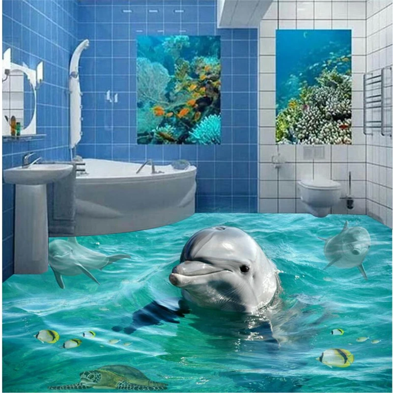 

Custom creative 3D bathroom cute dolphin floor mural environmental waterproof non - slip self - adhesive decorative floor sticke