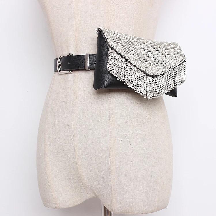 New Fashion Waist Bag Glitter Full Diamond Dark Buckle Pu Leather Belt Pockets Belt Ladies Dual-use Three Optional Tide Bag 729