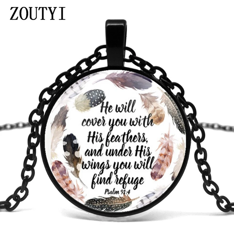 2018 He will cover you with his feathers and his wings. You will find the refuge Psalm 91 4 Glass Necklace Bible Scripture Gifts