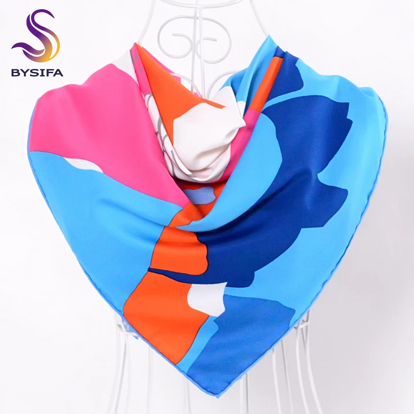 [BYSIFA] Ladies Pink Silk Scarf Shawl Fashion Accessories Twill Large Square Scarves Wraps 90*90cm Geometric Pattern Scarves