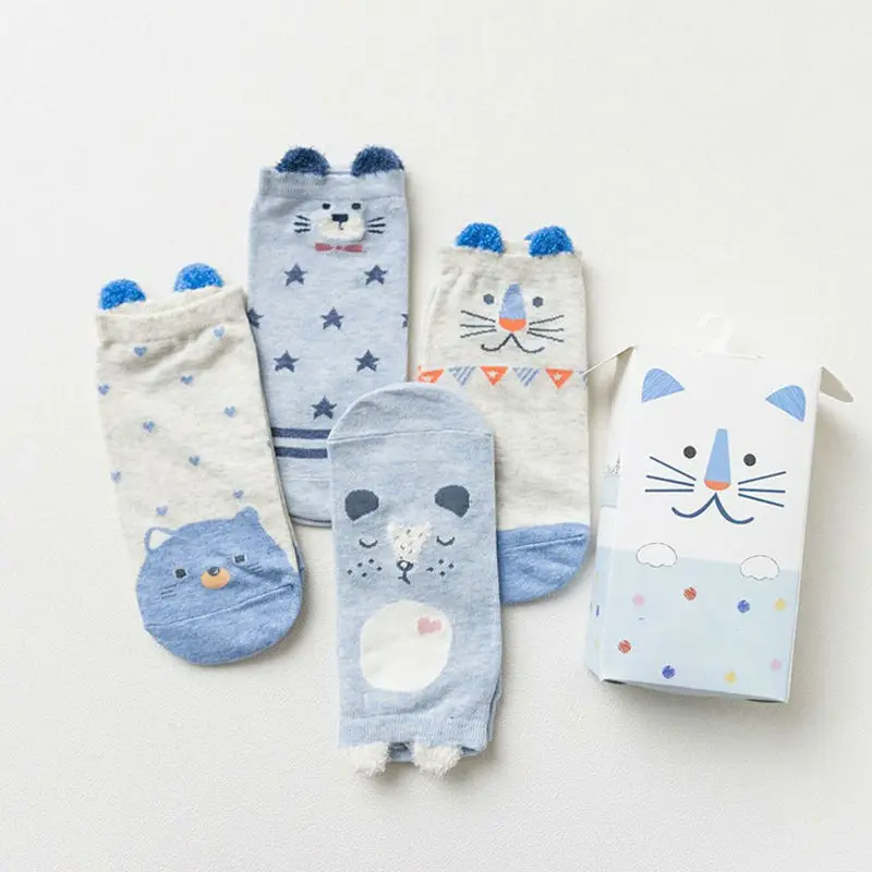 

Newest Spring Summer Women Socks 4Pairs Gift Box Cute Cartoon Girl Sox Cotton Casual 3D Animal Sock Personality Simple Style sox