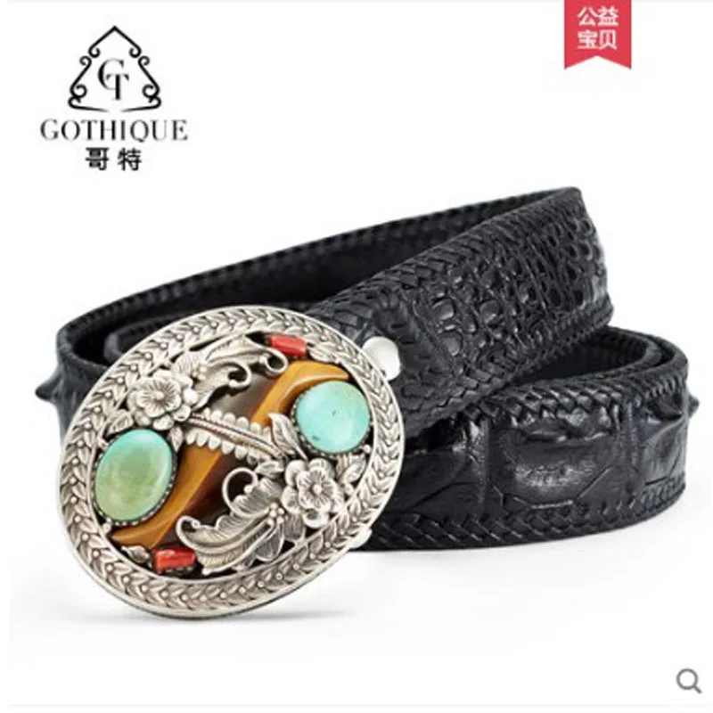 gete  men's crocodile belt 925 pure silver  buckle  handmade leather woven belt men belt