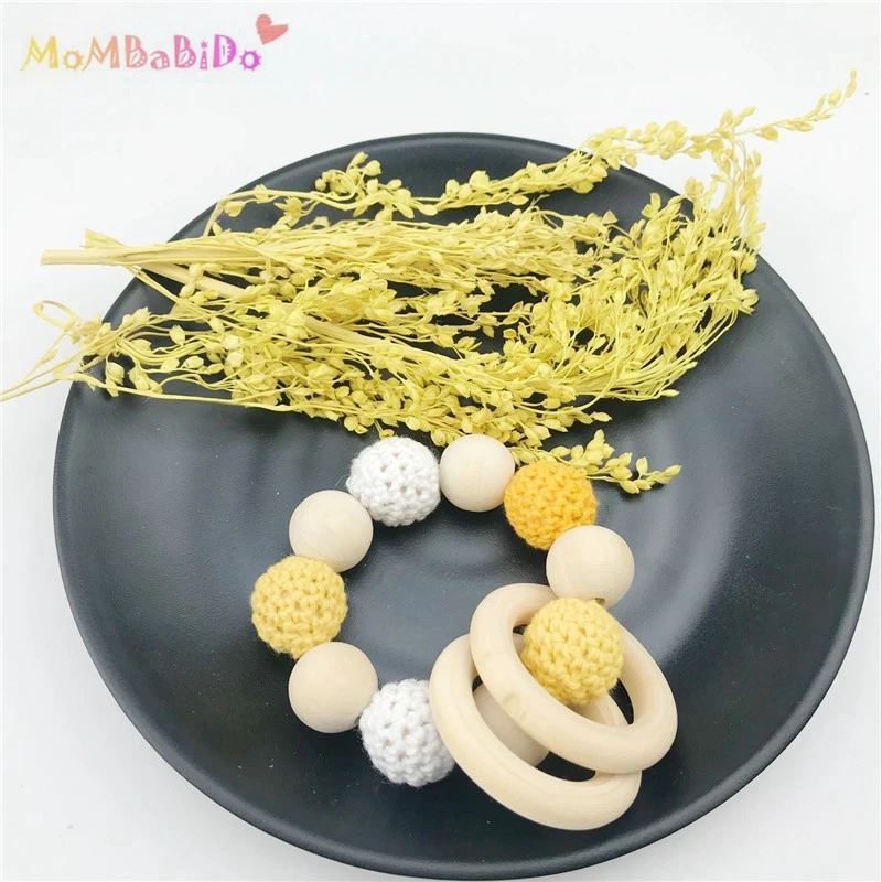 Montessori Toys Baby Rattle 2pc Toy Wooden Teether Ring Crochet Wooden Beads Can Chew Pram String Diy Bracelet Best Gifts