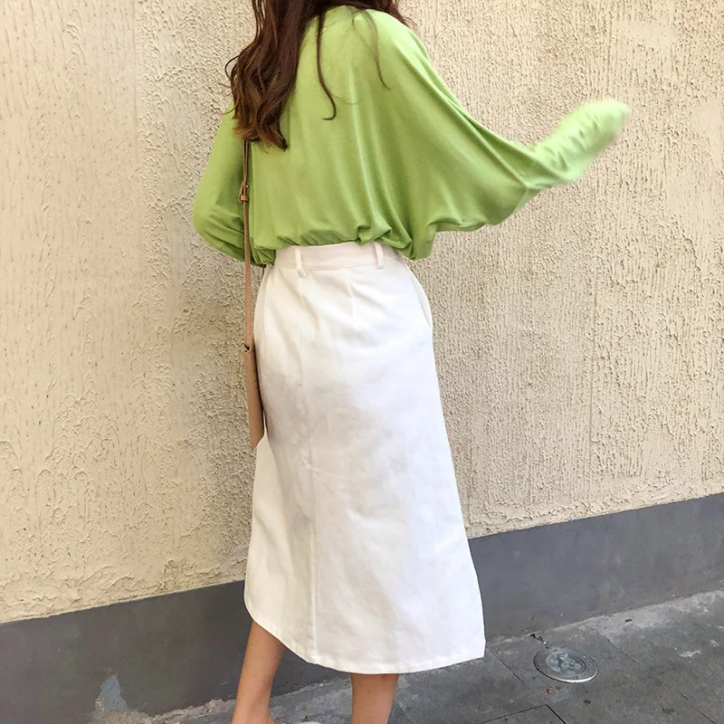 Basic Cotton Midi Skirt High Waist Women Denim Skirts White s,m,l