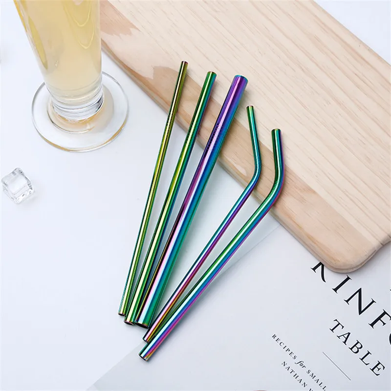 120pcs/lot 6/8/10/12mm Rainbow Color Stainless Steel Drinking Straws For Cups Mugs Durable Reusable Bar Drink Accessories