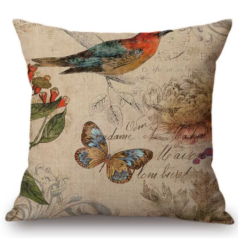 Nordic Vintage Bird Floral Post Stamp Design Home Decor Throw Pillow Case for Sofa Medium Cotton Linen Decorative Cushion Cover