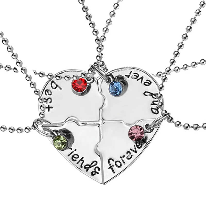 New style 4 pcs/set Stitching Broken Heart Shape Necklace Best Friends Forever And Ever Inlaid Red Blue Crystal Pendant Necklace