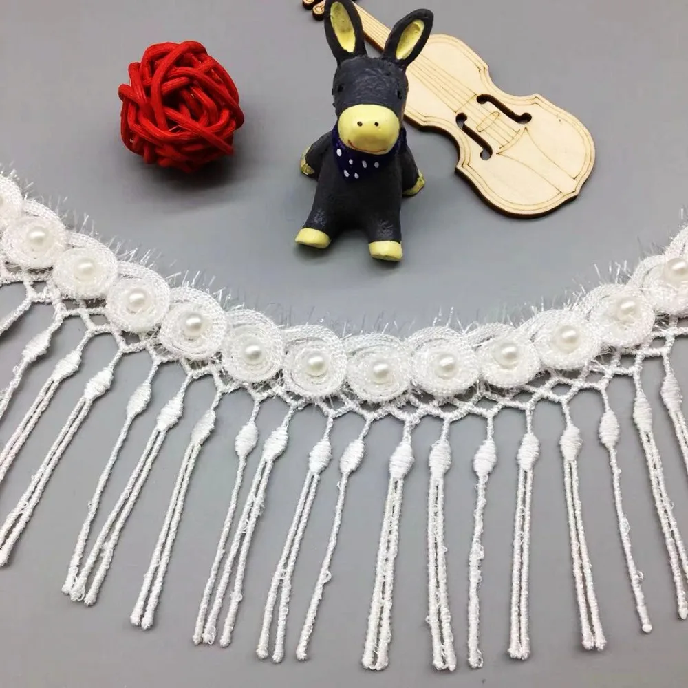 50X 3D Soluble White Pearl Rose Flowers Lace Trim Embroidered Fringe Tassel Ribbon French Fabric DIY Sewing Craft Wedding Dress