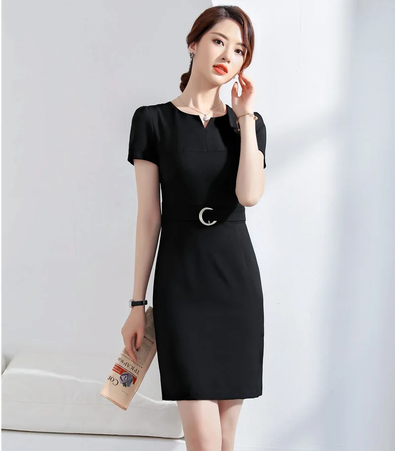 Uniform Styles Elegant Navy Blue Slim Hips Dresses For Women Summer Business Work Wear Ladies Office Female Mini Dress