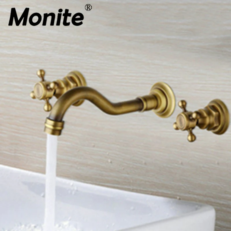 Monite Antique Brass Bathroom Bathtub Faucet Set 3 pcs 2 Handles Basin Sink Mixer Tap Brushed Nickel Wall Mounted Basin Faucet