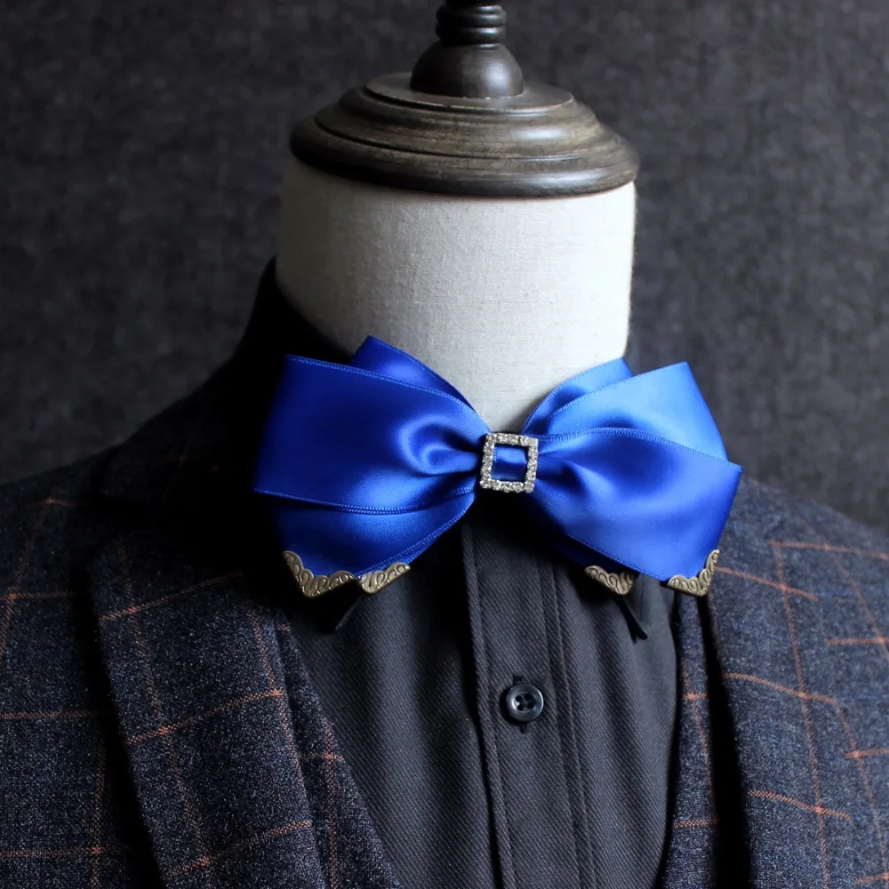 Men Wedding Banquet Party Shirt Chic Bow Tie Cravat Handmade Women Bowknot Double Layer Ribbon Rhinestone God Metal Head Bowtie