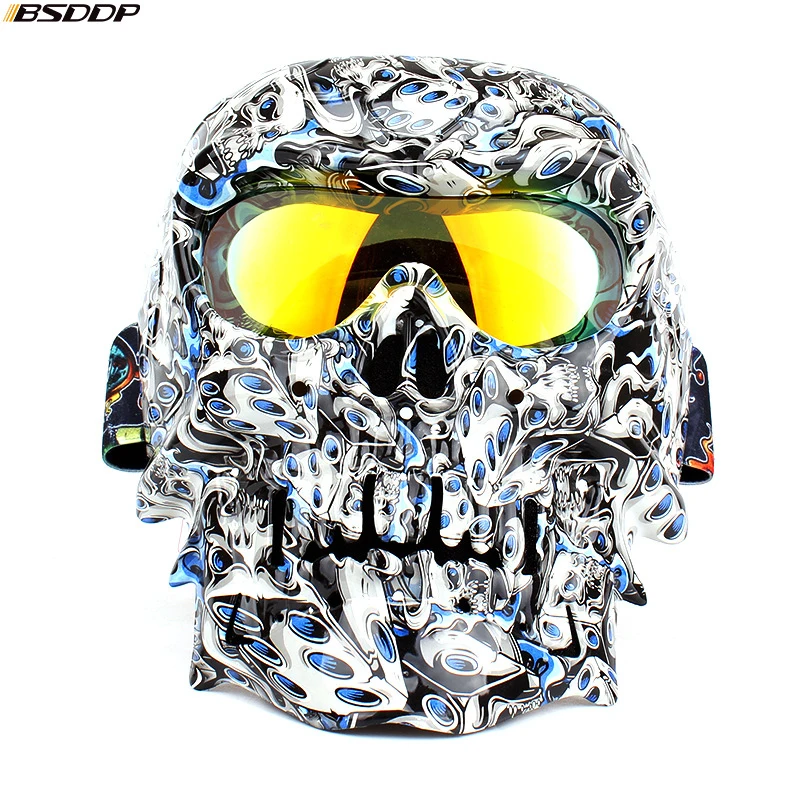 

Motorcycle Helmet Mask Glasses Vintage Detachable Modular Skull Mask Motorcycle Goggles Mouth Filter Moto Motocross Glasses