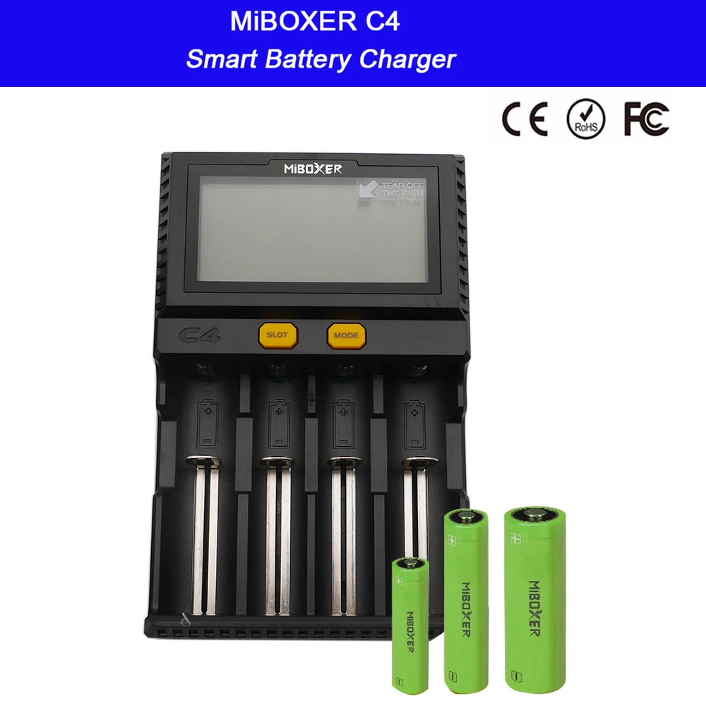 Wholesale LCD Smart Battery Charger Miboxer C4 for Li-ion IMR ICR LiFePO4 18650 14500 26650 21700 AAA Batteries 100-800mAh 1.5A