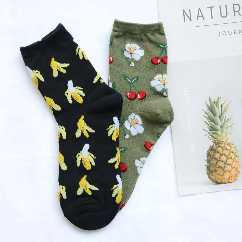 [COSPLACOOL]Korean Fresh Fruits Socks Lemon Avocado Pineapple Cherry Blueberry Orange Gardenias Flamingos Plumerias Women Socks