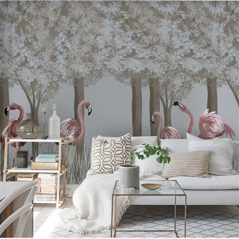 

wellyu Nordic hand-painted forest flamingo TV sofa fashion home wall custom large environmental wallpaper papel de parede