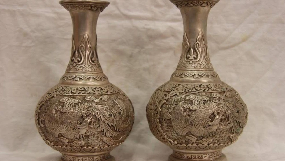 9 Chinese Royal white Copper silver Fengshui Lucky Phoenix Bottle Pot Vase Pair