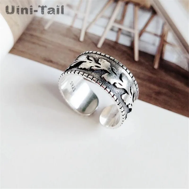 Uini-Tail new listing 925 Tibetan silver retro old leaves ring personality trend wide face embossed olive leaf open ring  JZ033