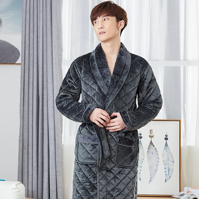 Thick 3 Layers Warm Winter Bathrobe Men Soft Flannel Quilted Long Kimono Bath Robe Male Dressing Gown for Mens Coral Fleece Robe