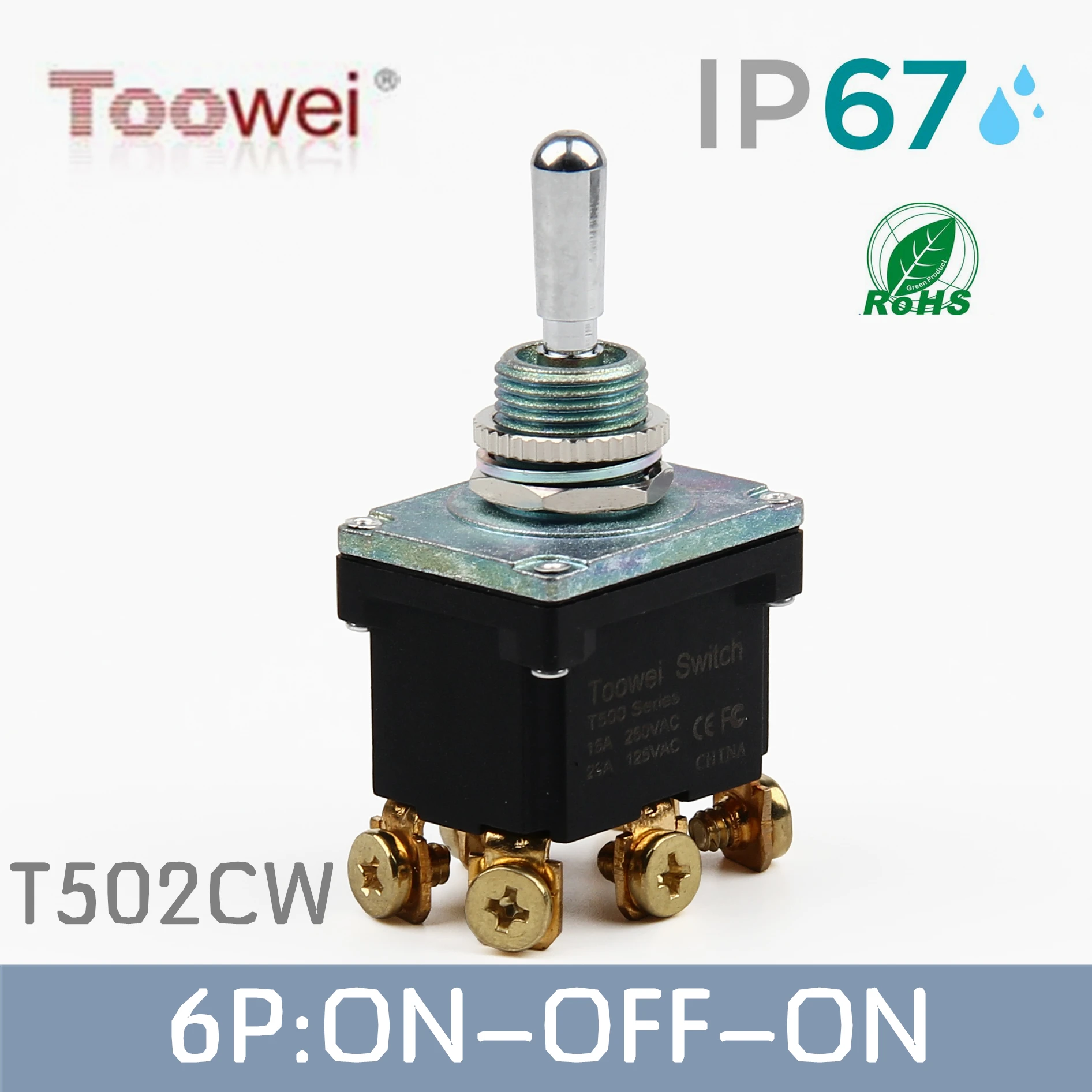 T502CW 6 pins ON-OFF-ON switch /Toowei T500 series water proof Toggle switch IP67/outdoor switch/15A 250V
